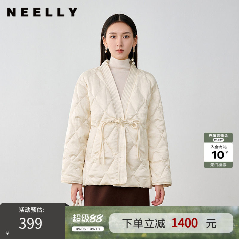 NEELLY纳俪商场同款冬季新款新中式盘扣V领爆款羽绒服女90%白鸭绒