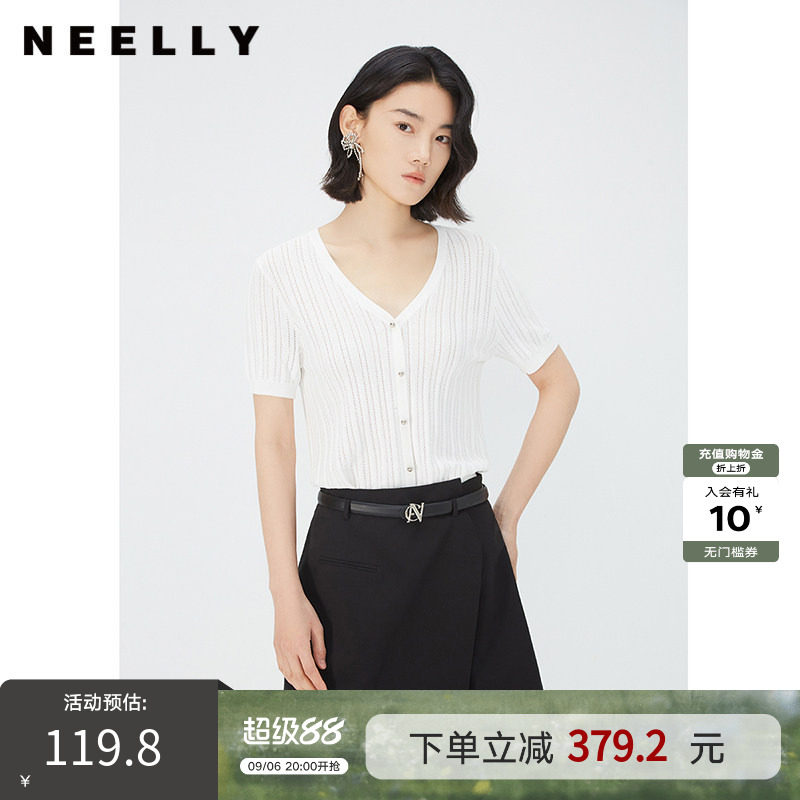 纳俪单排扣V领短袖毛针织衫
