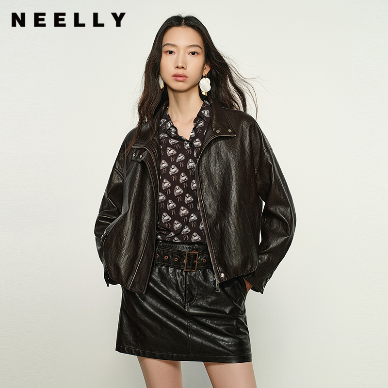 NEELLY纳俪商场同款秋新款设计感帅气上衣女高级感复古廓形短外套