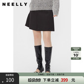 NEELLY纳俪商场同款 百褶裙短裙女黑色简约通勤显瘦A字裙 春秋款