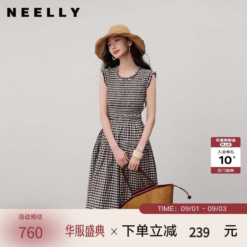 NEELLY纳俪商场同款夏新款复古黑白格连衣裙女无袖修身木耳边长裙