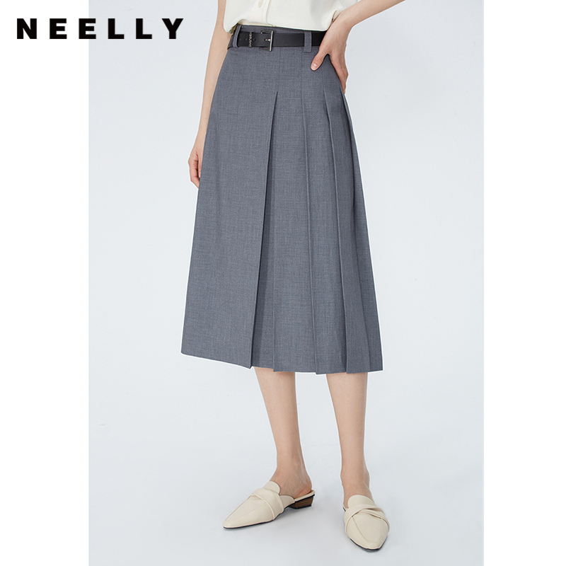 NEELLY纳俪商场同款夏季新款灰色西装中长款半身裙女高腰显瘦长裙