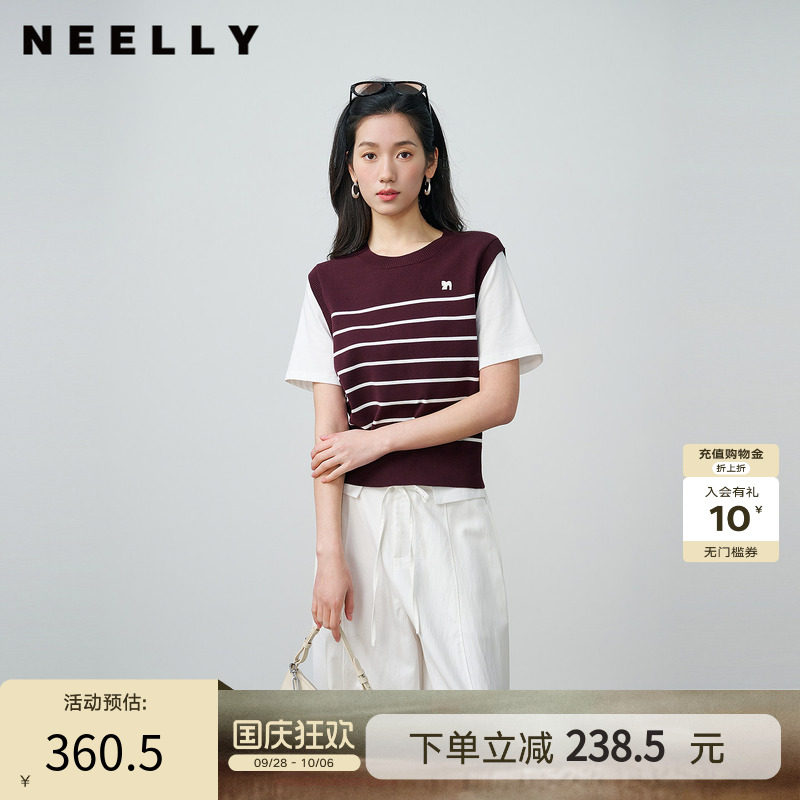 NEELLY纳俪商场同款秋新款休闲假两件针织短袖女简约撞色随性上衣