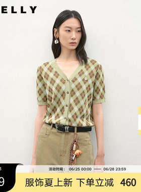 NEELLY纳俪商场同款夏新款V领格纹设计感针织开衫女撞色显白毛衣