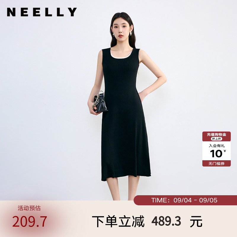 NEELLY纳俪春秋新款商场同款假两件休闲背心黑色针织连衣裙女