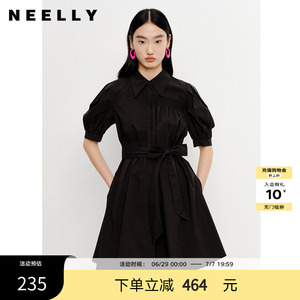 NEELLY纳俪商场同款夏季新款收腰连衣裙女中长款甜美泡泡袖A字裙