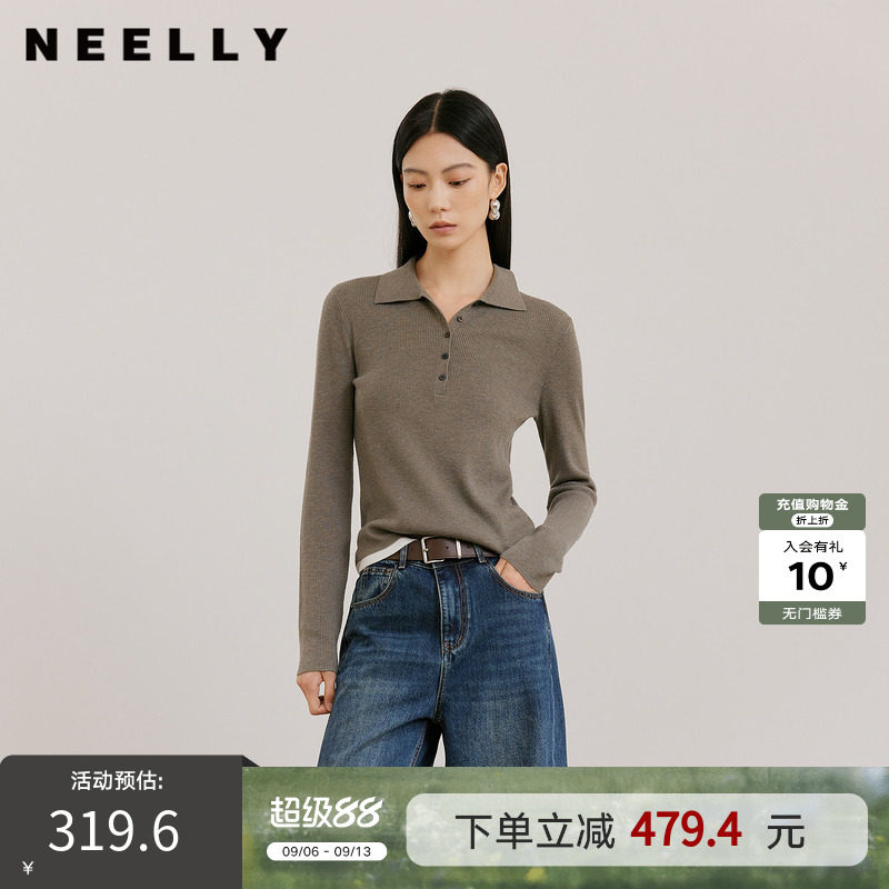NEELLY纳俪商场同款秋季新款时尚简约POLO领针织衫女亲肤修身上衣