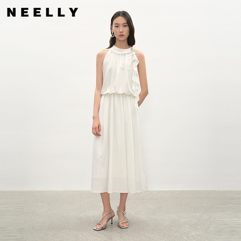 NEELLY纳俪商场同款夏季新款简约垂顺挂脖连衣裙女精致百搭长裙