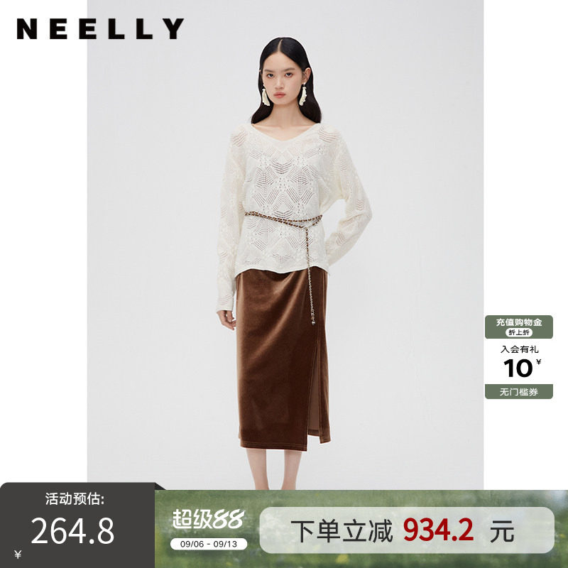 NEELLY纳俪商场同款垂感连衣裙春秋款两件套裙装气质镂空针织套装图片