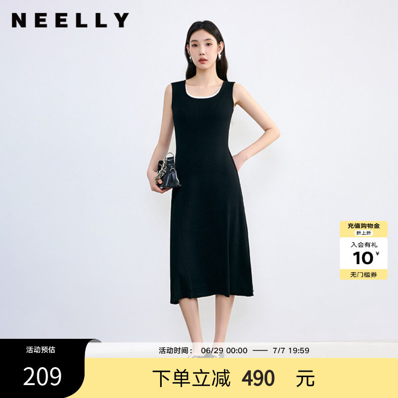 NEELLY纳俪春秋新款商场同款假两件休闲背心黑色针织连衣裙女