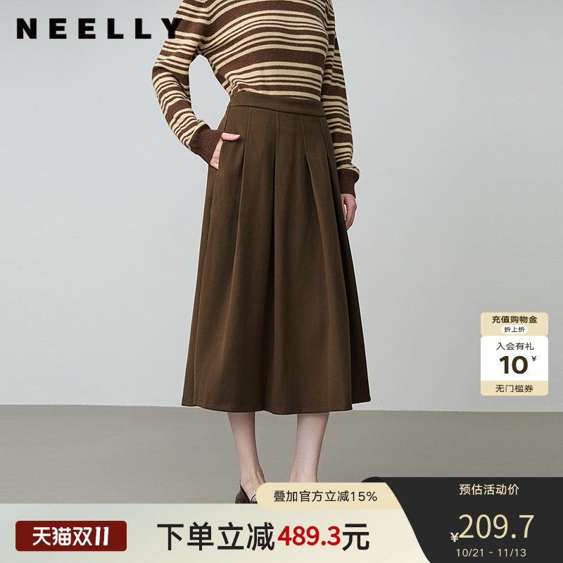 NEELLY纳俪春新款商场同款复古百搭A字半身裙女显白收腰百褶长裙