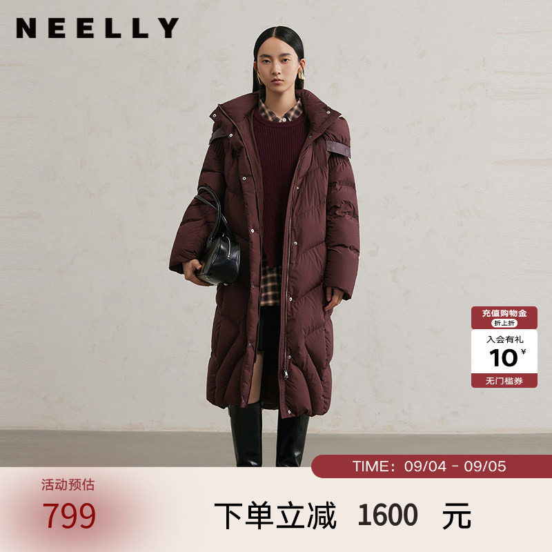 NEELLY纳俪商场同款冬季新款翻领直筒连帽羽绒服女简约通勤外套