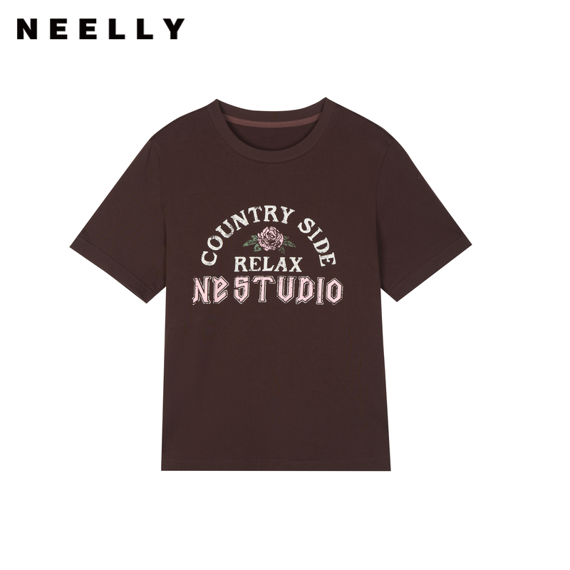 NEELLY纳俪商场同款秋新款字母印花短袖T恤女全棉通勤修身上衣