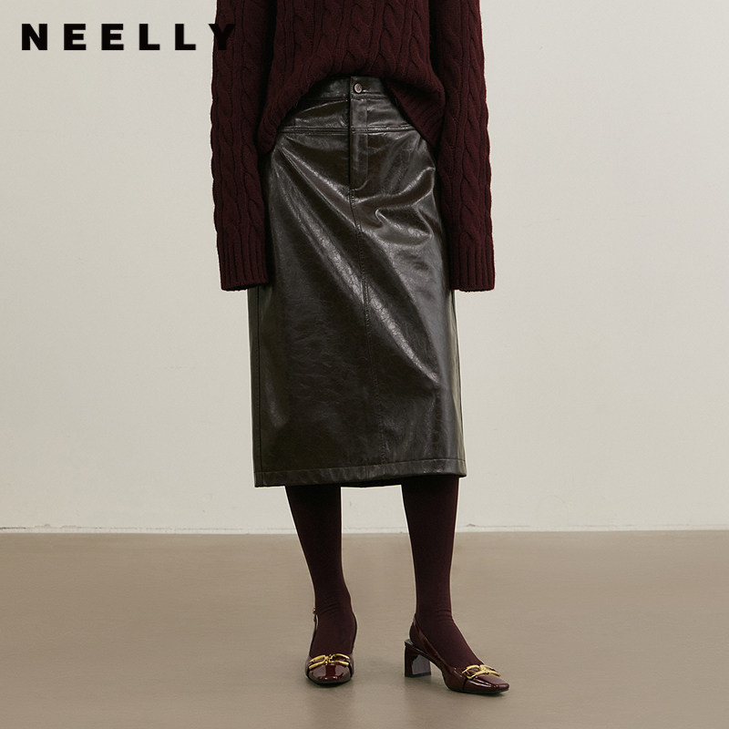 NEELLY纳俪商场同款冬季新款复古PU皮裙女高腰显瘦直筒半身裙