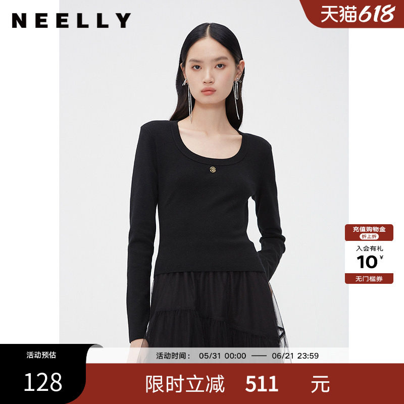 NEELLY纳俪商场同款春秋新款圆领修身纯色打底针织衫女显瘦羊毛衫