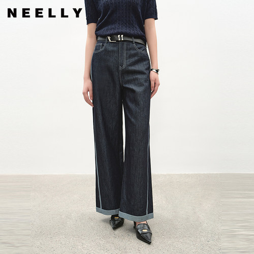 NEELLY纳俪商场同款夏季新款撞色麻感阔腿牛仔裤女设计感亮色长裤
