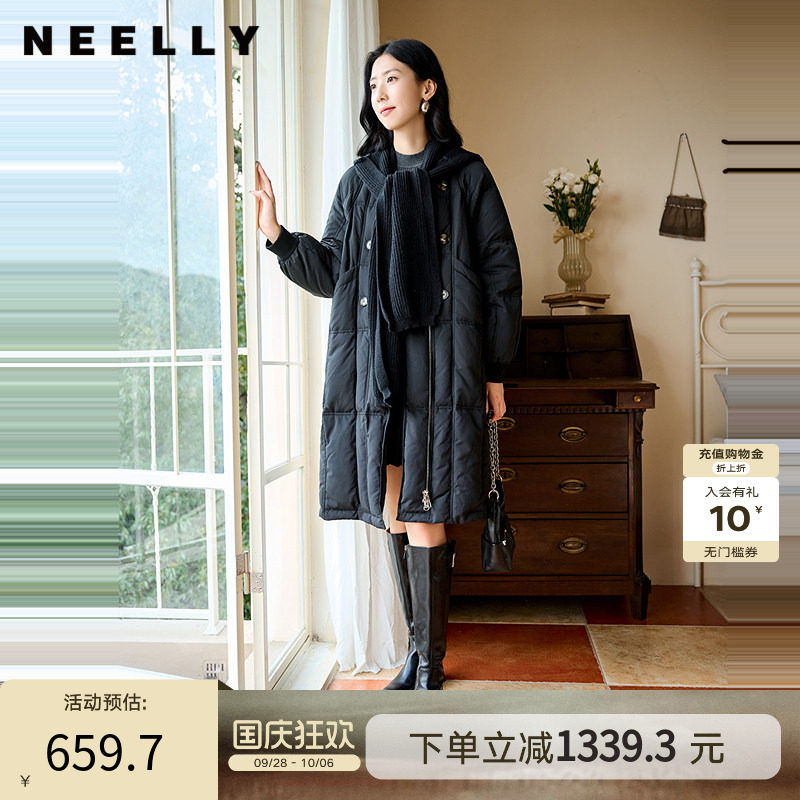 NEELLY纳俪商场同款冬季新款通勤简约毛领长款羽绒服女保暖外套