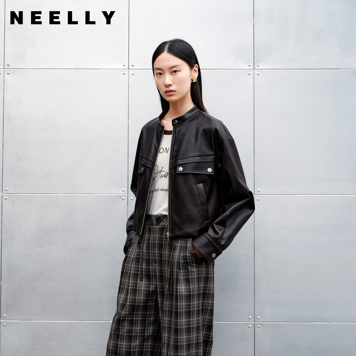 NEELLY纳俪商场同款秋季新款宽松廓形帅气短夹克女松弛慵懒感外套