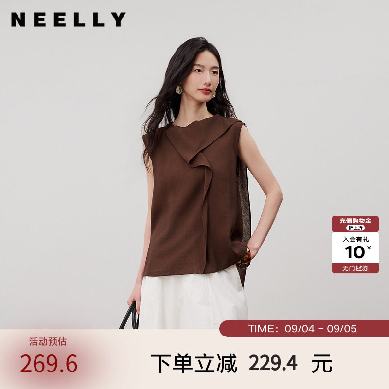 NEELLY纳俪商场同款夏季新款设计感无袖衬衫女不对称翻领通勤上衣