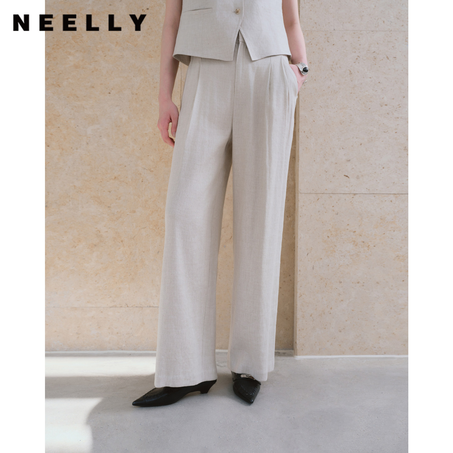 NEELLY纳俪商场同款秋季新款亚麻直筒休闲裤女百搭高腰随性长裤