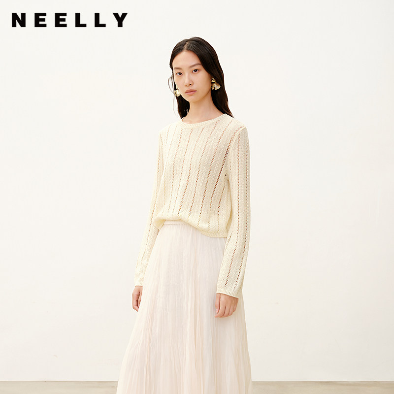 NEELLY纳俪商场同款春秋新款显白微暖镂空针织衫女宽松舒适上衣