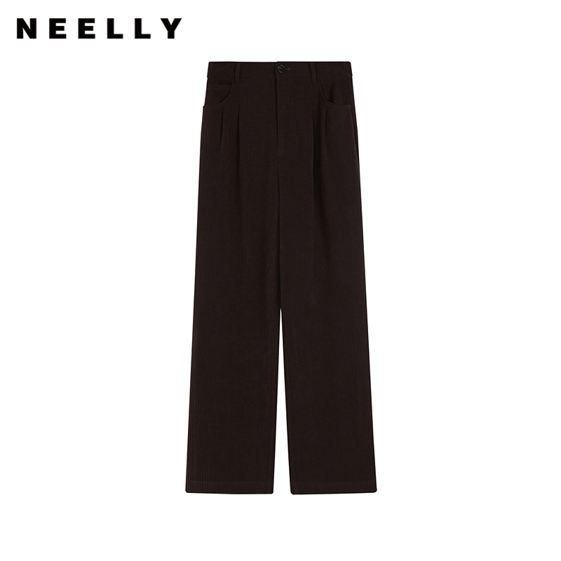 NEELLY纳俪商场同款冬季新款高腰显瘦长裤女纯色简约阔腿休闲裤