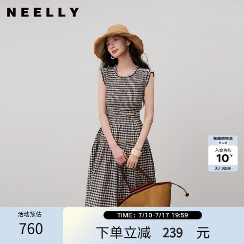 NEELLY纳俪商场同款夏新款复古黑白格连衣裙女无袖修身木耳边长裙
