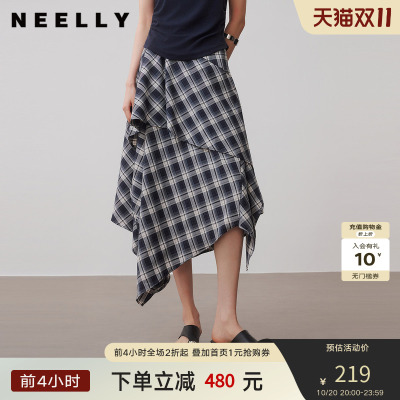 NEELLY纳俪商场同款秋新款复古格纹不规则半身裙女拼接设计感长裙