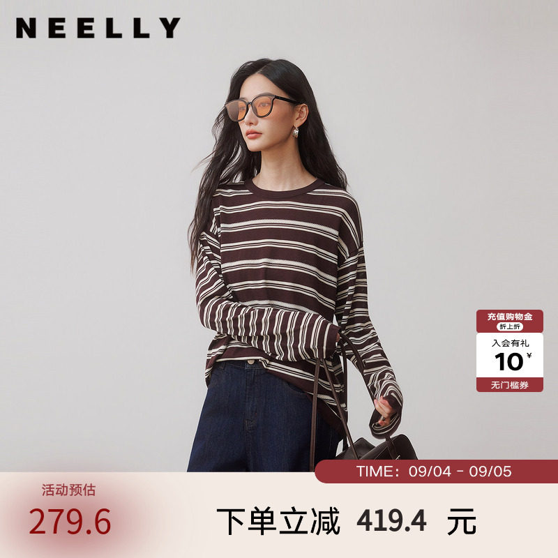 NEELLY纳俪商场同款秋季新款复古条纹长袖圆领T恤女撞色休闲上衣