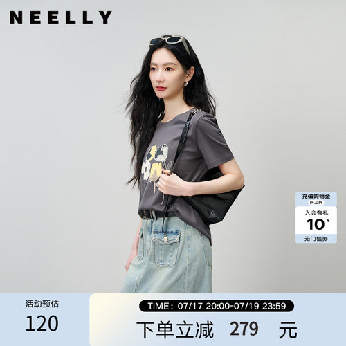 NEELLY纳俪商场同款夏季新款灰色圆领印花T恤女纯棉小众短袖上衣
