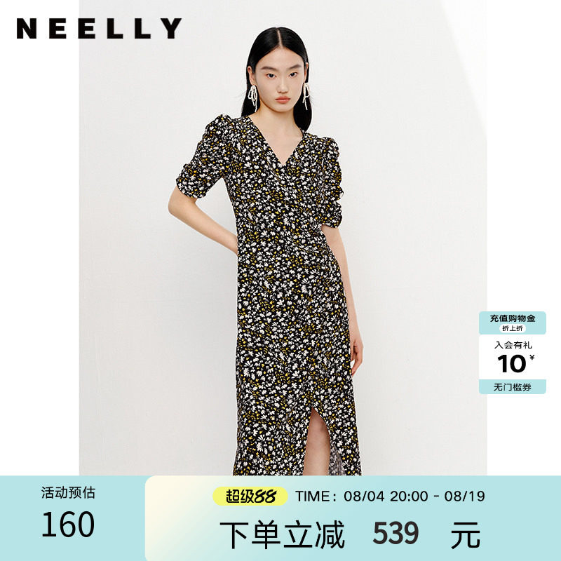 NEELLY纳俪商场同款碎花连衣裙女V领泡泡袖茶歇裙收腰中长款开叉