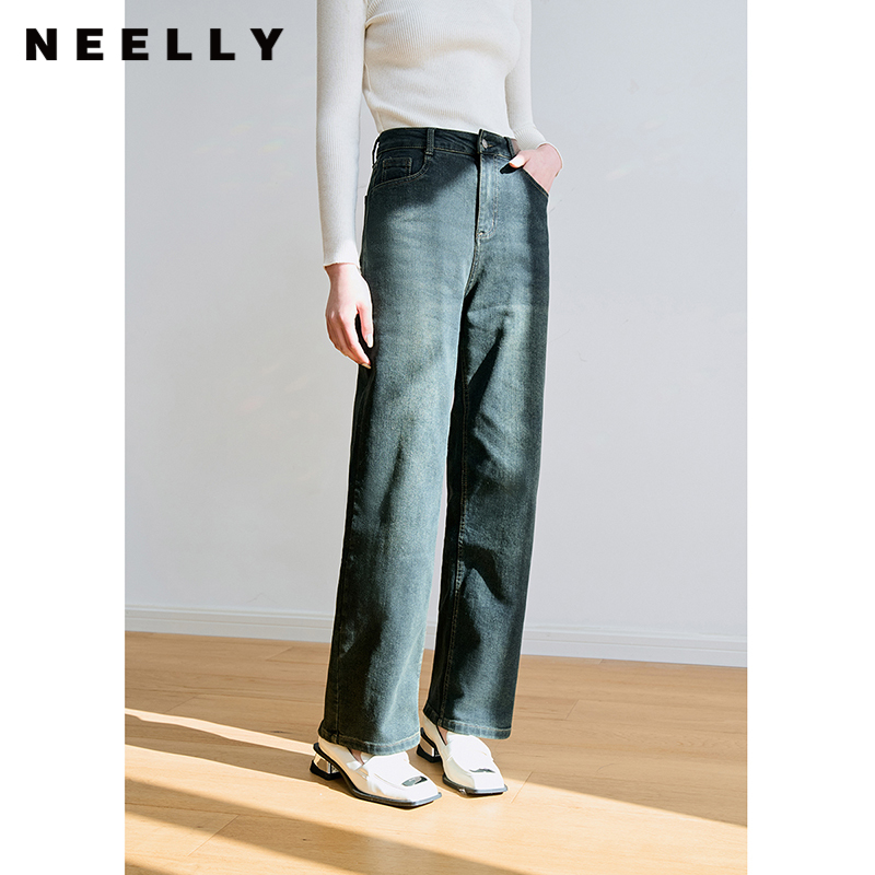 NEELLY纳俪商场同款美拉德复古直筒牛仔裤时尚休闲宽松垂感阔腿裤