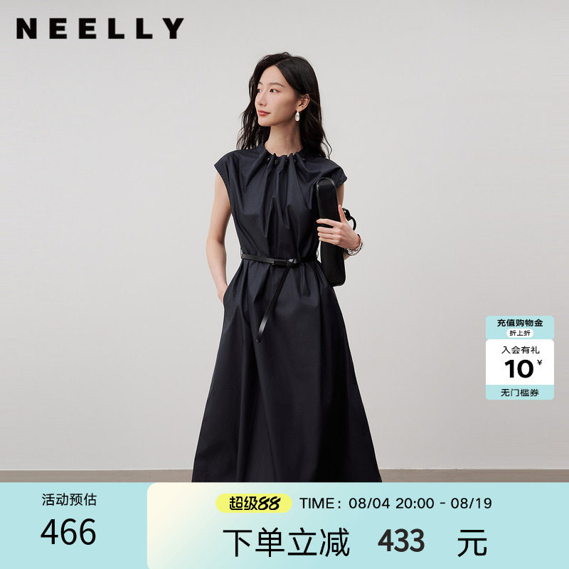 NEELLY纳俪商场同款夏季新款无袖收腰连衣裙女通勤显瘦抽绳款长裙