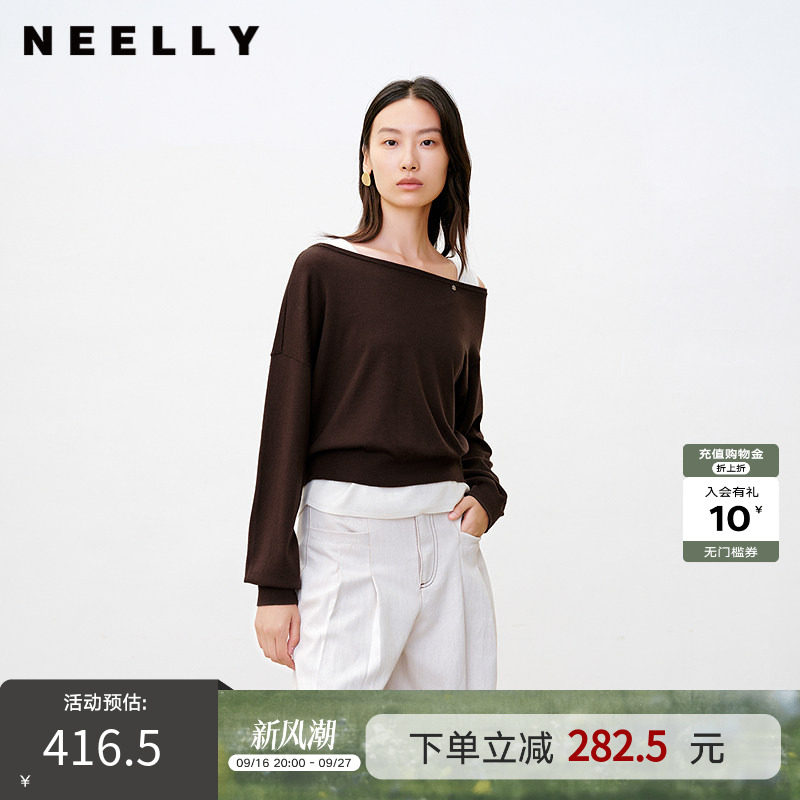 NEELLY纳俪商场同款秋季新款法式休闲一字领针织衫女休闲舒适上衣