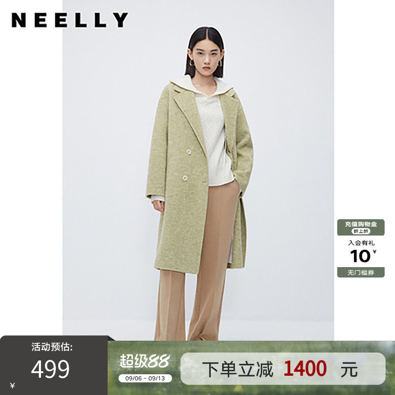 NEELLY纳俪商场同款中长款西装领双面呢大衣韩系气质垂感毛呢外套