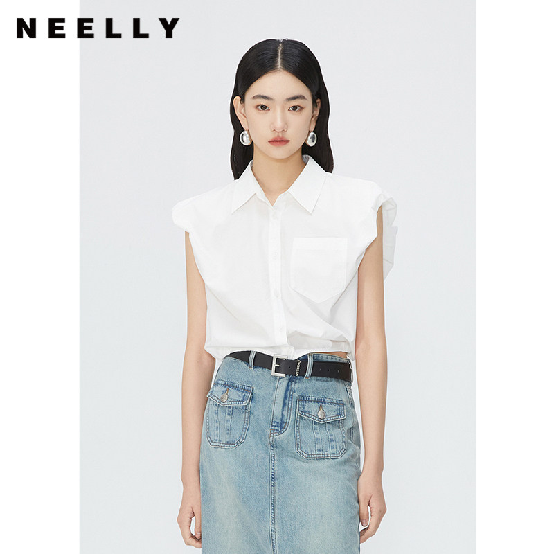 NEELLY纳俪商场同款夏季新款纯色翻领花苞无袖衬衫女时尚收腰上衣