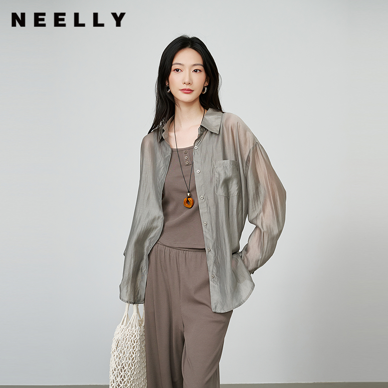 NEELLY纳俪商场同款秋季新款宽松透气长袖衬衫女淡雅宽松衬衣