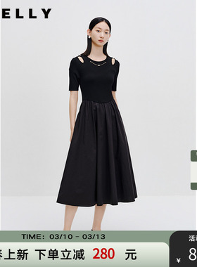 NEELLY纳俪商场同款夏新款针织拼接连衣裙女中长款挖肩设计感长裙