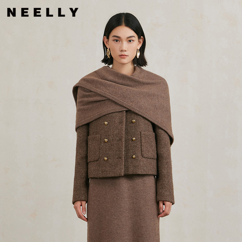 NEELLY纳俪商场同款冬季新款时尚高级感绵羊毛圆领短外套肌理感女