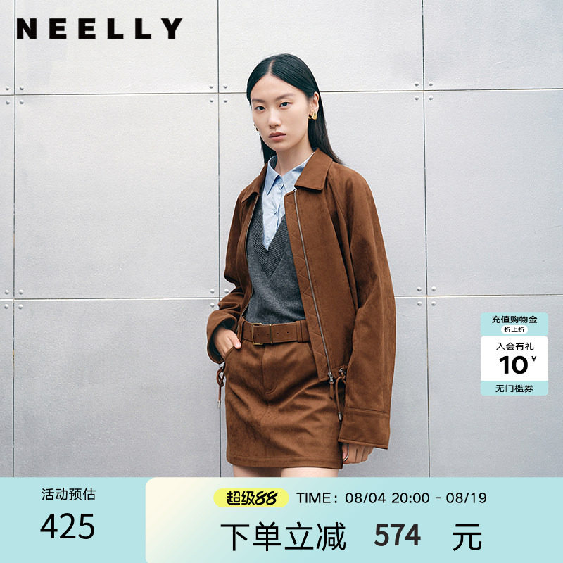 NEELLY纳俪商场同款春秋新款复古翻领麂皮外套女高级感廓形上衣