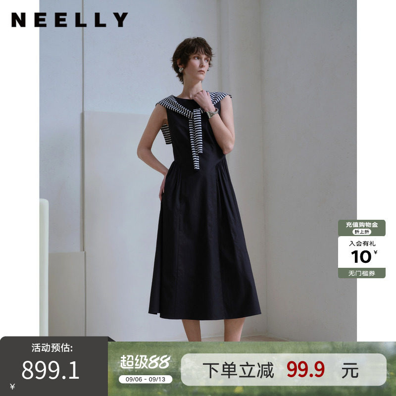 NEELLY纳俪商场同款夏新款简约披肩无袖连衣裙女百搭舒适显白长裙