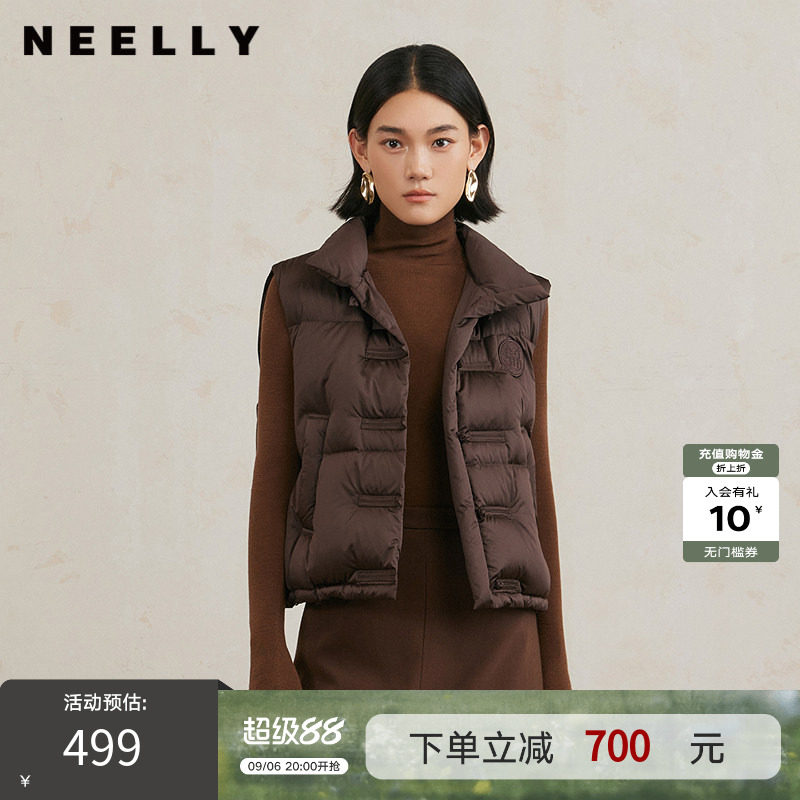 NEELLY纳俪商场同款冬季新款复古美拉德无袖马甲羽绒服女保暖外套