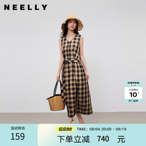NEELLY纳俪商场同款夏季新款复古格纹无袖连衣裙女单排扣阔摆长裙
