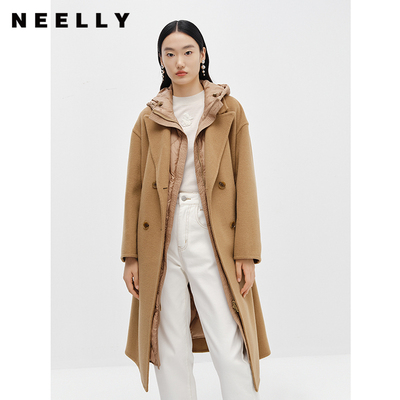 NEELLY纳俪商场同款驼色毛呢大衣中长款连帽羽绒马夹可脱卸两件套