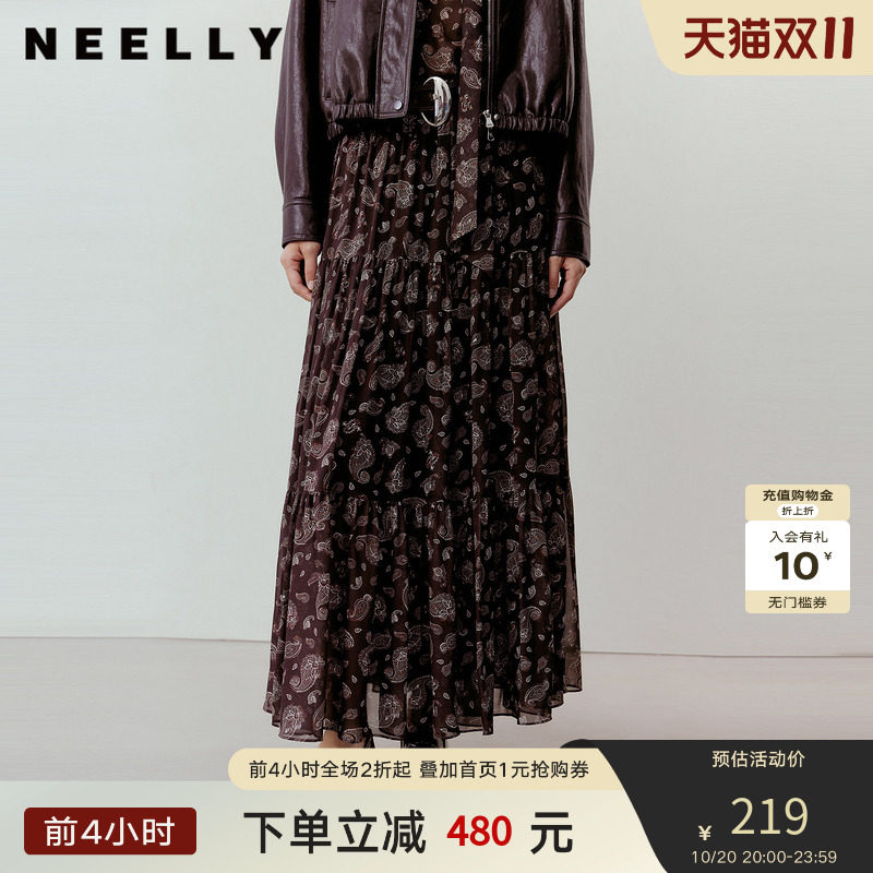 NEELLY纳俪商场同款秋新款时尚复古简约印花半身裙女优雅休闲长裙