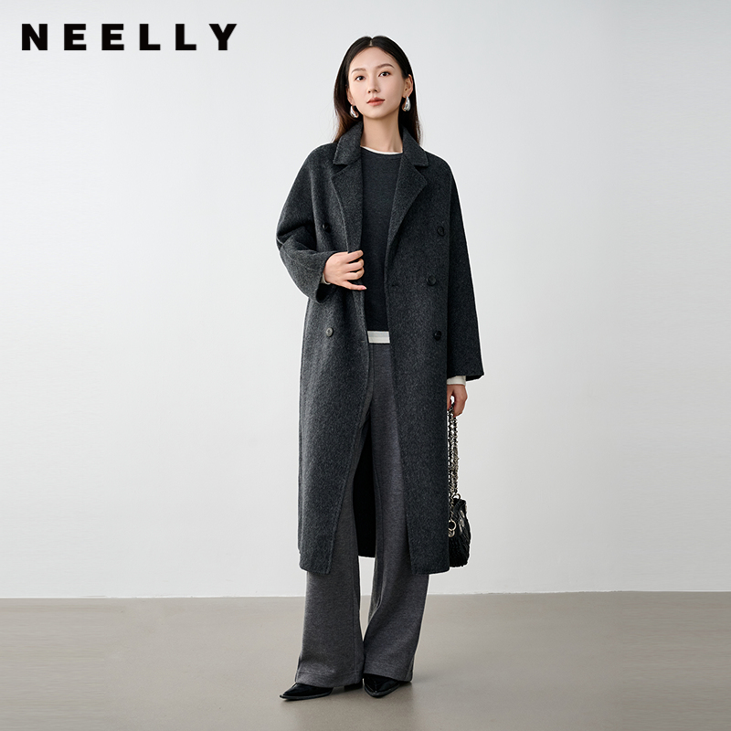 NEELLY纳俪商场同款冬季新款灰色法式绵羊毛长款毛呢大衣外套女