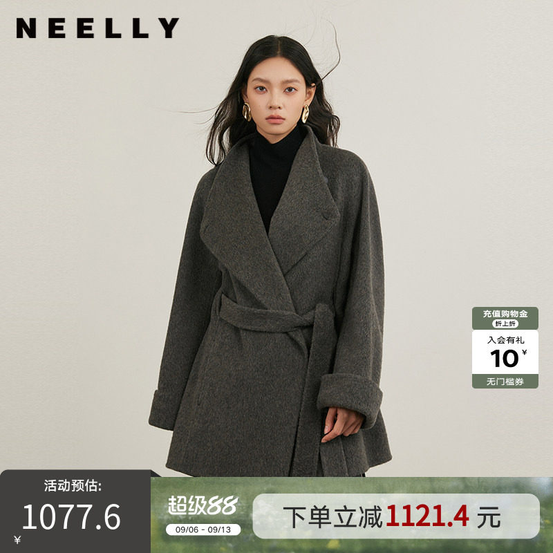 NEELLY纳俪商场同款冬新款气质收腰大衣女翻领显瘦双面呢羊毛外套