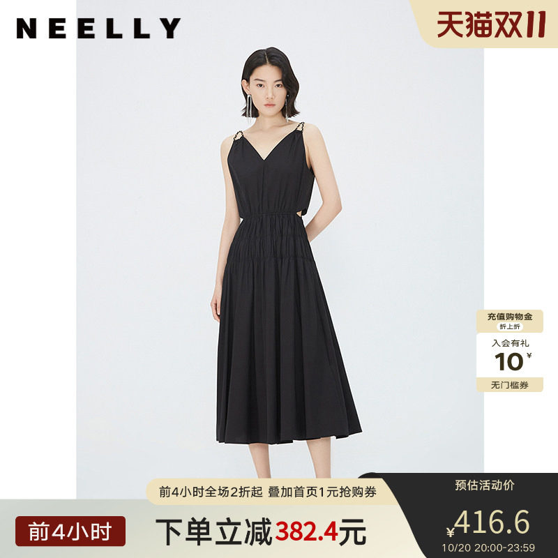 NEELLY纳俪商场同款夏季新款设计感露腰黑色连衣裙女修身显瘦长裙
