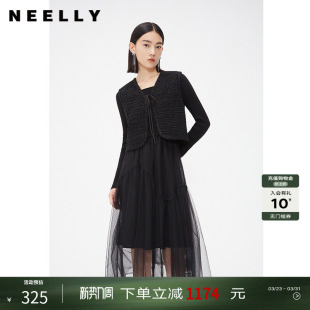 NEELLY纳俪商场同款春款两件套针织网纱拼接连衣裙女黑色马夹外套