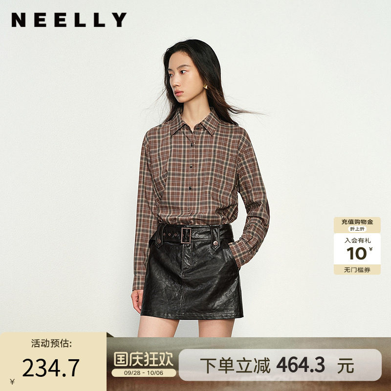 NEELLY纳俪商场同款春秋新款时尚通勤格纹衬衫女长袖百搭外套